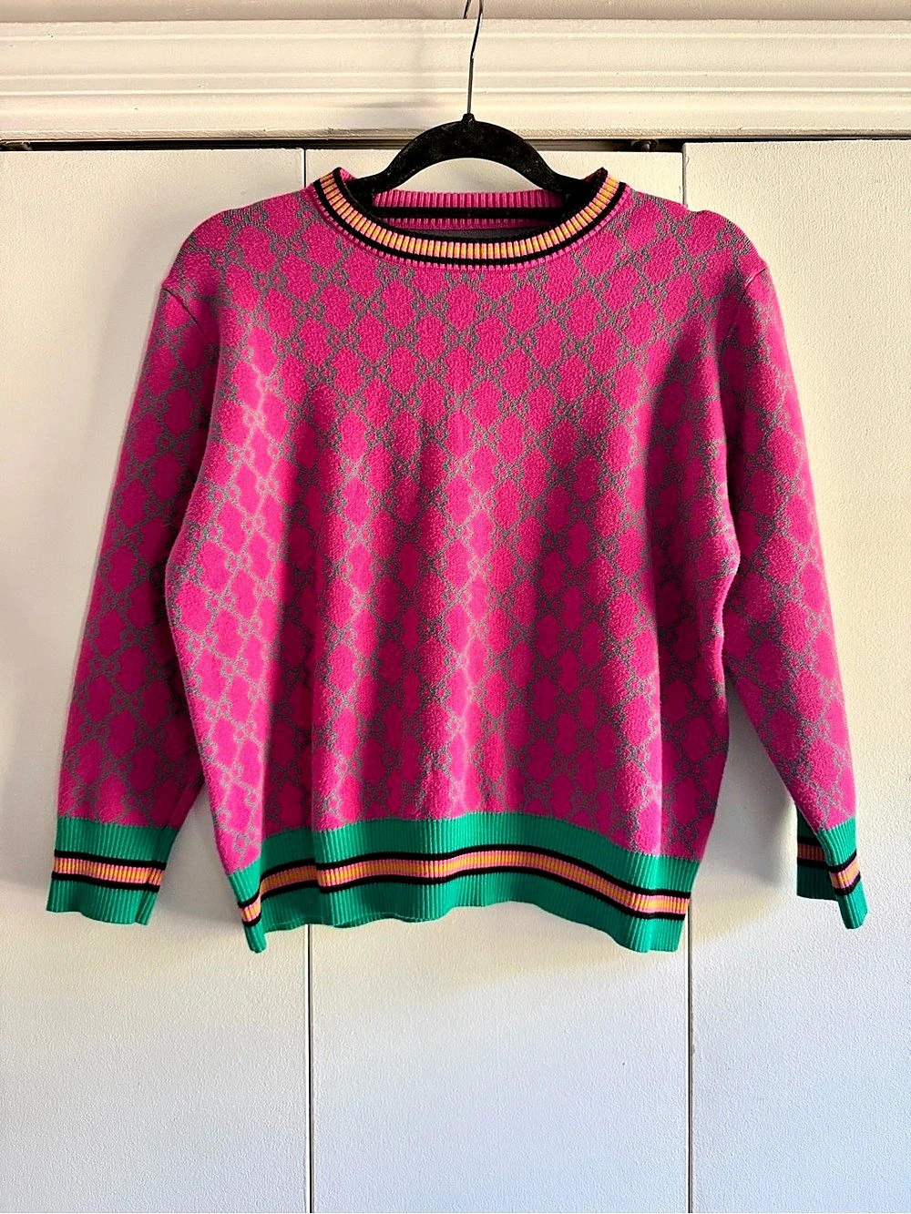 Geometric Crew Neck Sweater in Pink & Green